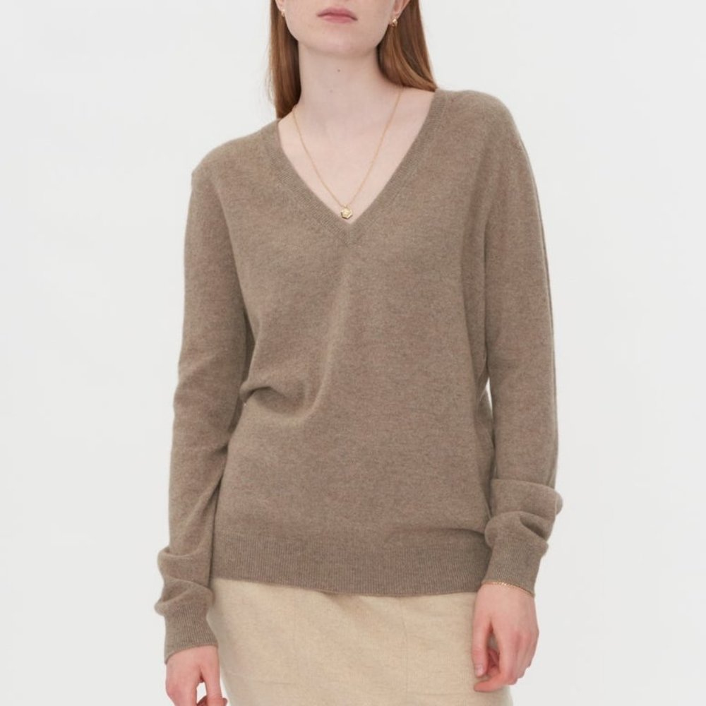 GERRY WEBER Womens V-neck Sweater, Almond/Taupe, S/M